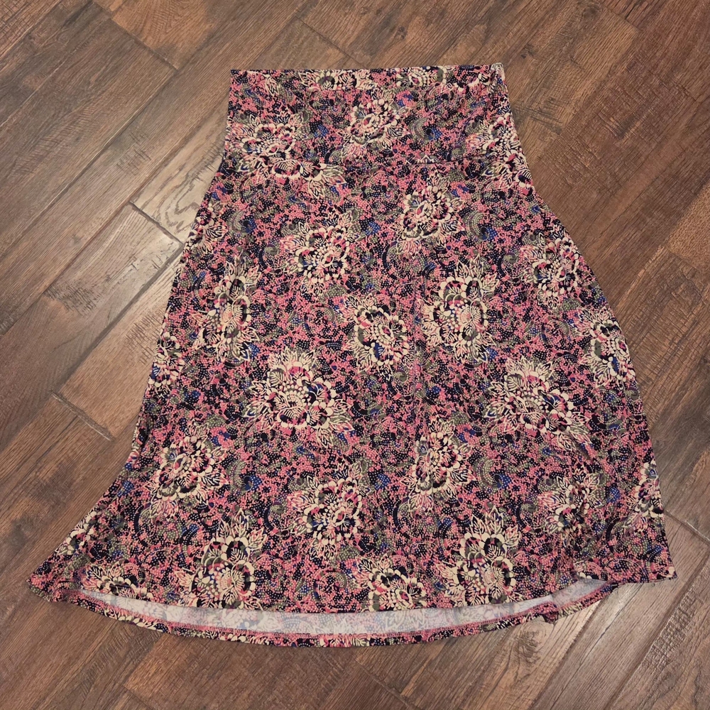 Lularoe Women’s AZURE Slinky Skirt  Floral L 10-12 Pink Tan Blue Green Skater